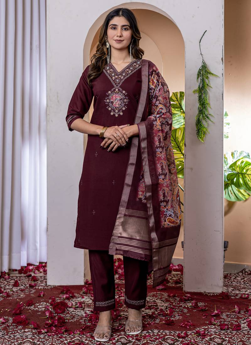 Wine Designer Straight Kurti Pant Dupatta Set With Embroidery And Hand Work