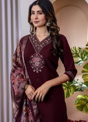 Wine Designer Straight Kurti Pant Dupatta Set With Embroidery And Hand Work 3