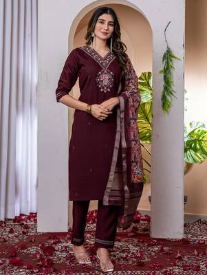 Wine Designer Straight Kurti Pant Dupatta Set With Embroidery And Hand Work 5