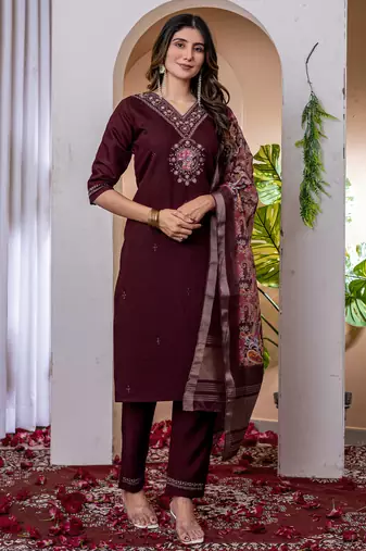 Wine Designer Straight Kurti Pant Dupatta Set With Embroidery And Hand Work
