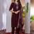 Wine Designer Straight Kurti Pant Dupatta Set With Embroidery And Hand Work