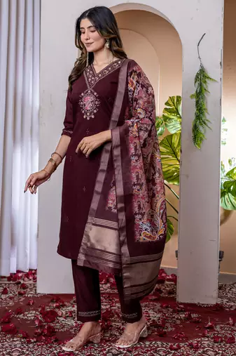 Wine Designer Straight Kurti Pant Dupatta Set With Embroidery And Hand Work
