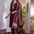 Wine Designer Straight Kurti Pant Dupatta Set With Embroidery And Hand Work
