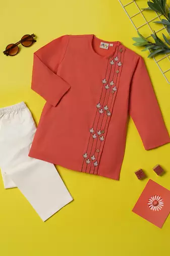 Boys peach floral embroidered side cut cotton kurta pyjama set