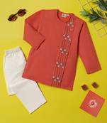 Boys peach floral embroidered side cut cotton kurta pyjama set