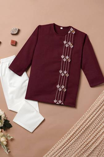 Boys maroon floral embroidered side cut cotton kurta pyjama set