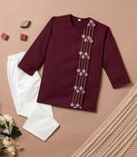 Boys maroon floral embroidered side cut cotton kurta pyjama set