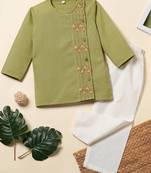Boys green floral embroidered side cut cotton kurta pyjama set