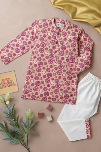 Boys pink circle and shapes printed cotton kurta pyjama set
