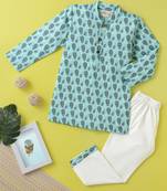 Boys blue peacock feather printed cotton kurta pyjama set