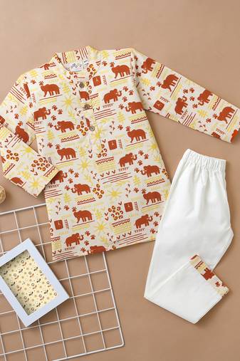 Boys red elephant motif printed cotton kurta pyjama set