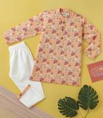 Boys peach snail garden printed cotton kurta pyjama set
