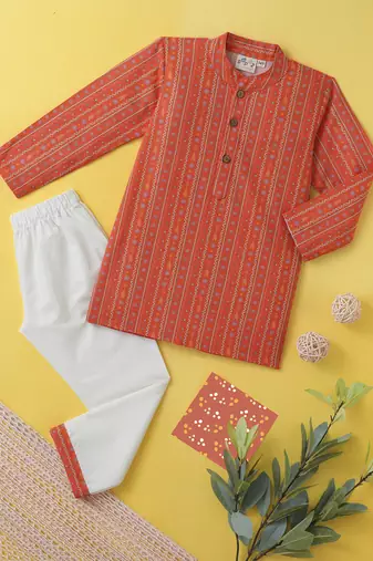 Boys orange tribal string printed cotton kurta pyjama set