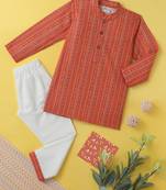 Boys orange tribal string printed cotton kurta pyjama set