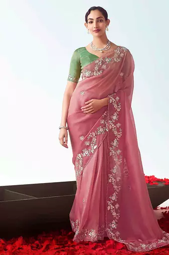 Pink embroidered cut work fancy fabric ceremonial designer saree