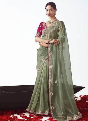 Sage green embroidered work fancy fabric saree 1
