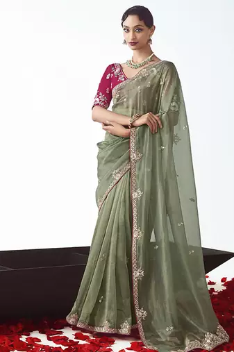 Sage green embroidered cut work fancy fabric ceremonial designer saree