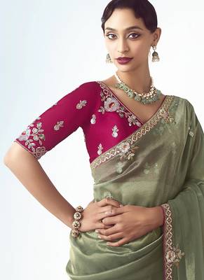 Sage green embroidered work fancy fabric saree 2