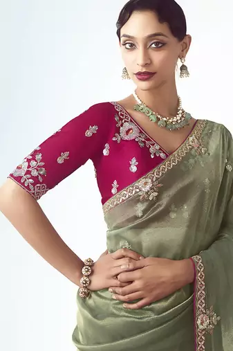 Sage green embroidered work fancy fabric saree