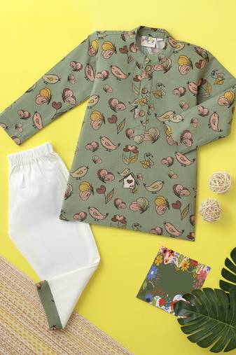 Boys olive butterfly printed cotton kurta pyjama set