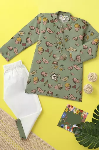 Boys olive butterfly printed cotton kurta pyjama set