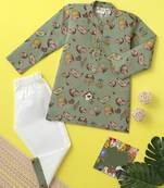 Boys olive butterfly printed cotton kurta pyjama set