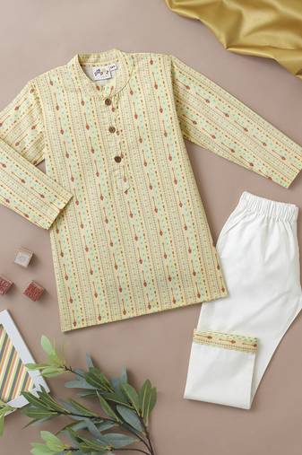 Boys cream tribal string printed cotton kurta pyjama set