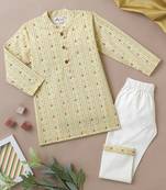 Boys cream tribal string printed cotton kurta pyjama set