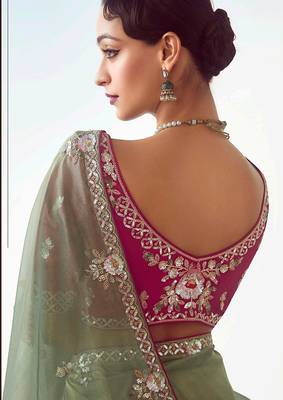 Sage green embroidered work fancy fabric saree 3