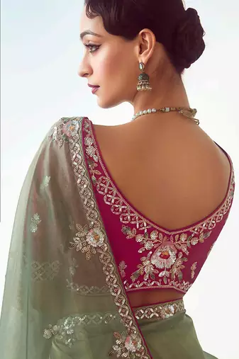 Sage green embroidered work fancy fabric saree