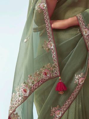 Sage green embroidered work fancy fabric saree 4