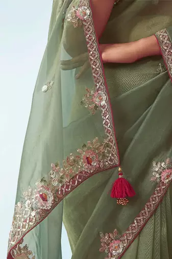 Sage green embroidered work fancy fabric saree