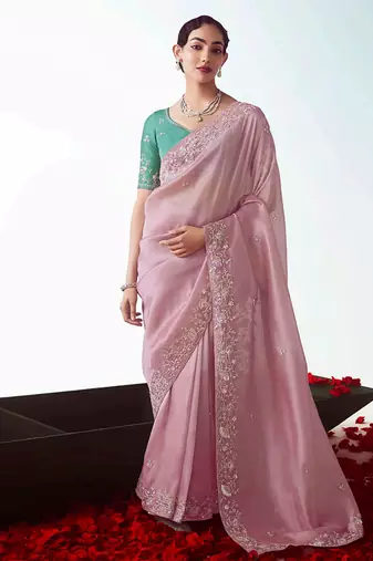 Light pink embroidered cut work fancy fabric ceremonial designer saree