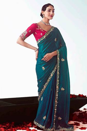 Teal embroidered cut work fancy fabric ceremonial designer saree