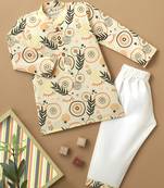 Boys cream leaf and circle printed cotton kurta pyjama set
