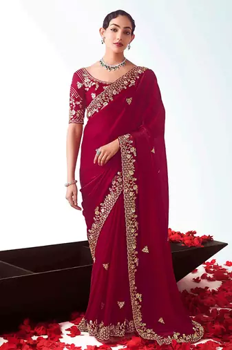 Rani pink embroidered cut work fancy fabric ceremonial designer saree
