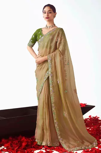Beige embroidered cut work fancy fabric ceremonial designer saree