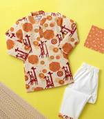 Boys cream giraffe printed cotton kurta pyjama set