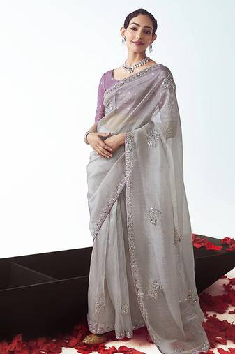 Grey embroidered cut work fancy fabric ceremonial designer saree