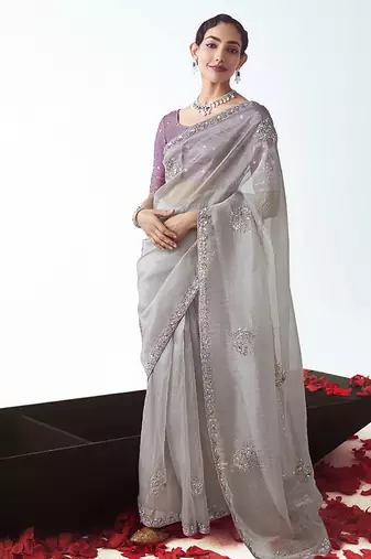 Grey embroidered cut work fancy fabric ceremonial designer saree