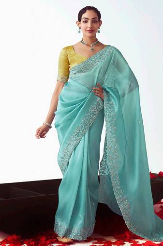 Aqua blue embroidered cut work fancy fabric ceremonial designer saree