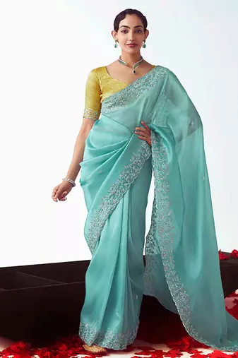 Aqua blue embroidered cut work fancy fabric ceremonial designer saree