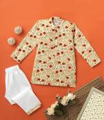 Boys beige snail garden printed cotton kurta pyjama set