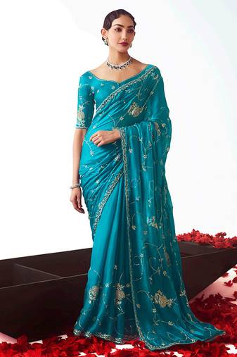 Turquoise blue embroidered cut work fancy fabric ceremonial designer saree