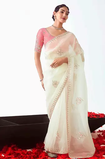 White embroidered cut work fancy fabric ceremonial designer saree