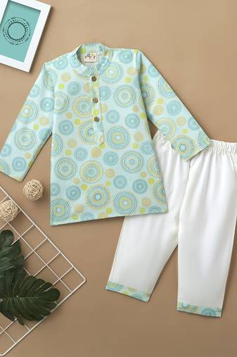 Boys turquoise mandala circle printed cotton kurta pyjama set