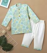 Boys turquoise mandala circle printed cotton kurta pyjama set