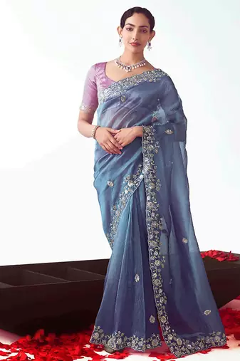 Light indigo embroidered cut work fancy fabric ceremonial designer saree
