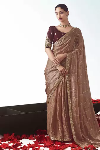 Brown embroidered cut work fancy fabric ceremonial designer saree