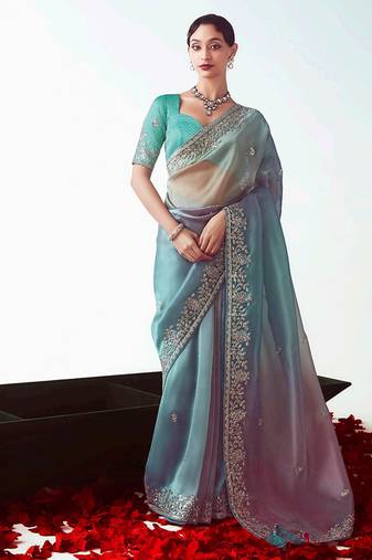 Multi color embroidered cut work fancy fabric ceremonial designer saree